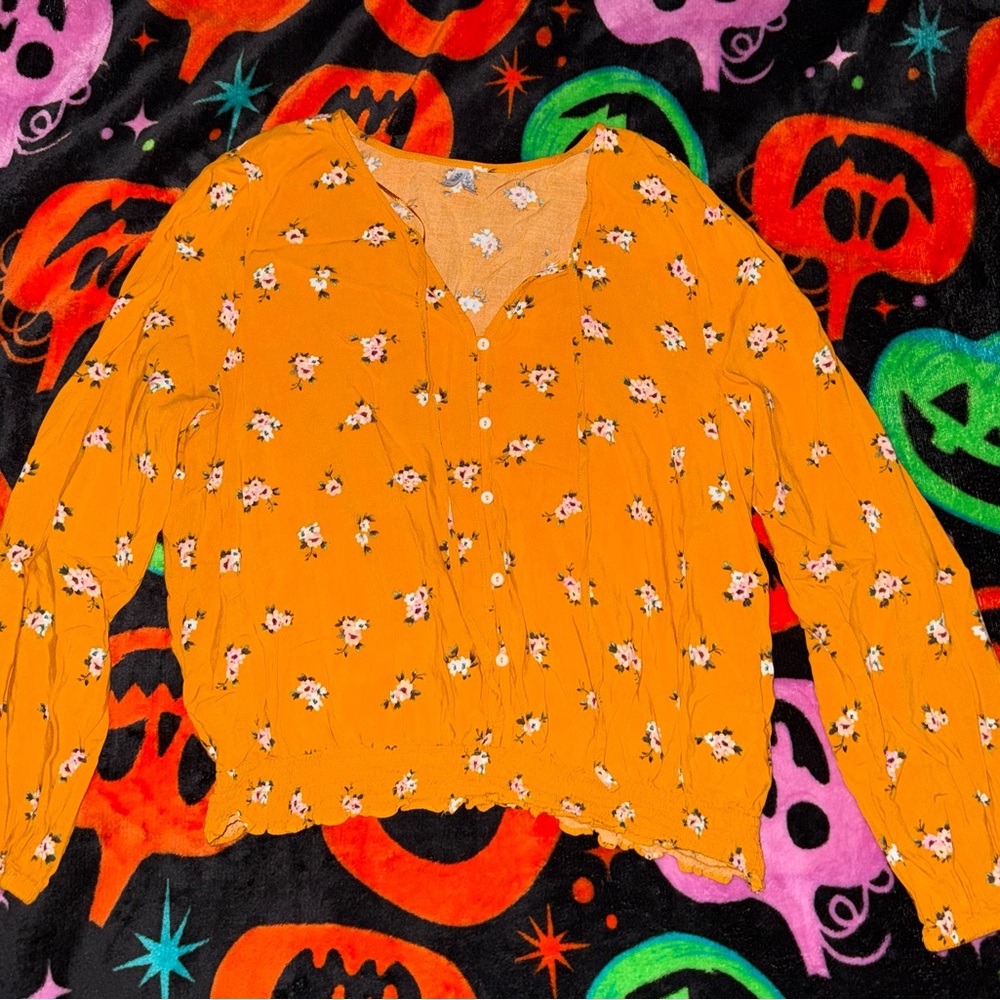Floral Button-Front Orange Blouse